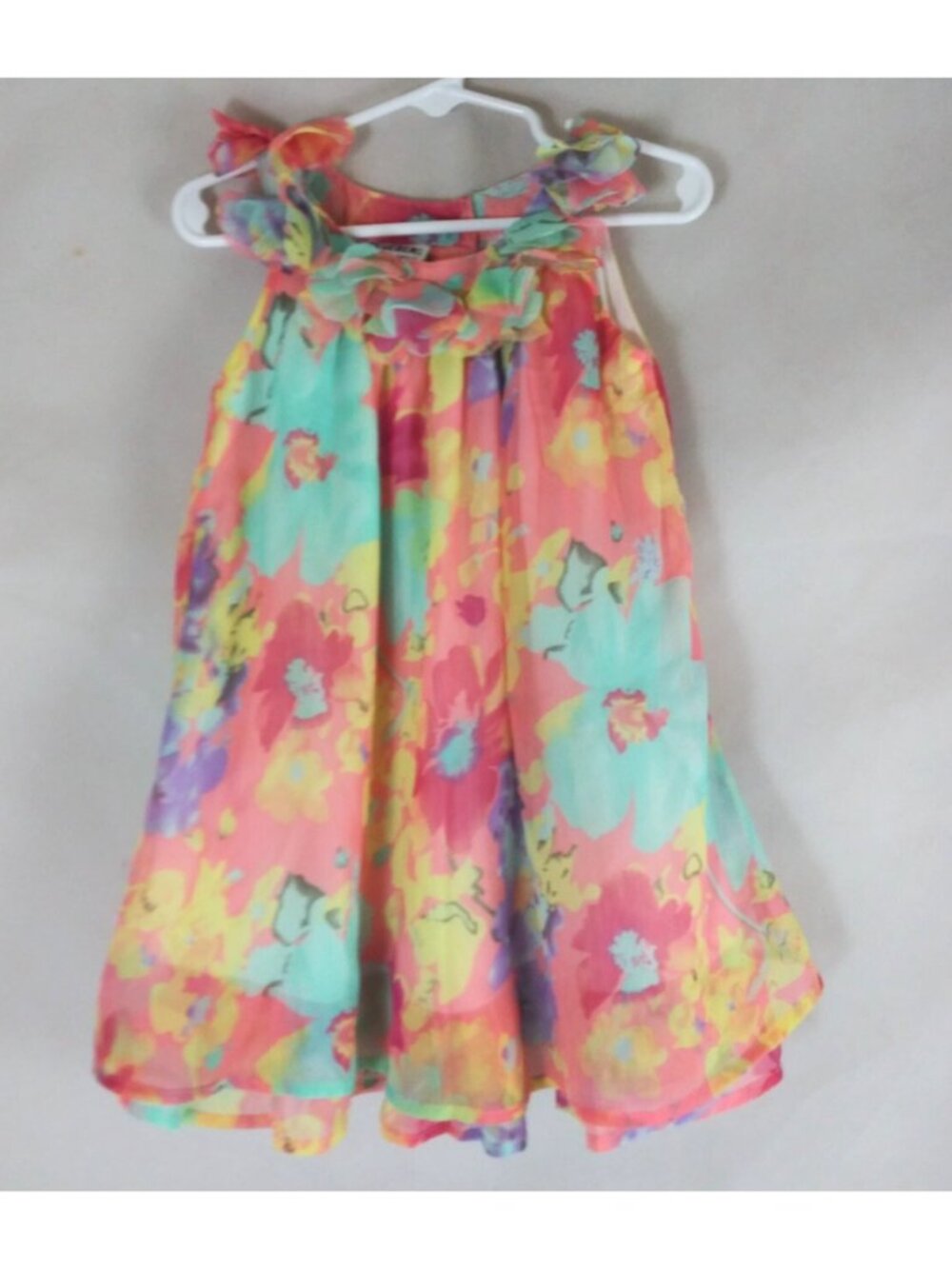 Blueber Boulevard Bright Colorful Floral Sleeveless Dress With Ruffle Collar 4T